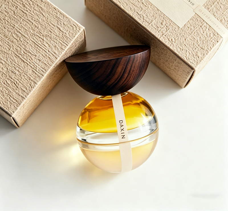 Luxury Empty Refillable Bottle Elegant 100ml Semi Oval Glass Perfume Bottle with Wooden Cap and Label Gift Box