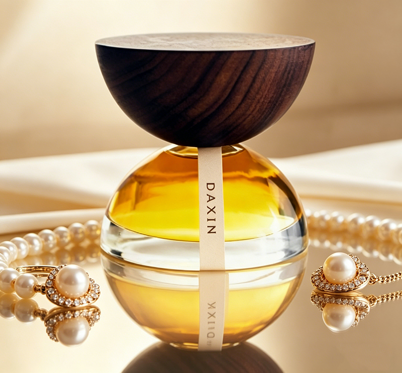 Luxury Empty Refillable Bottle Elegant 100ml Semi Oval Glass Perfume Bottle with Wooden Cap and Label Gift Box