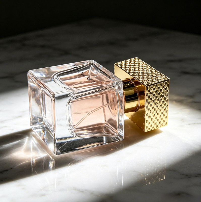 50ml Clear Empty Cosmetic Glass Perfume Bottle Flat Square Perfume Bottle Refill with Gold Sealing Cap