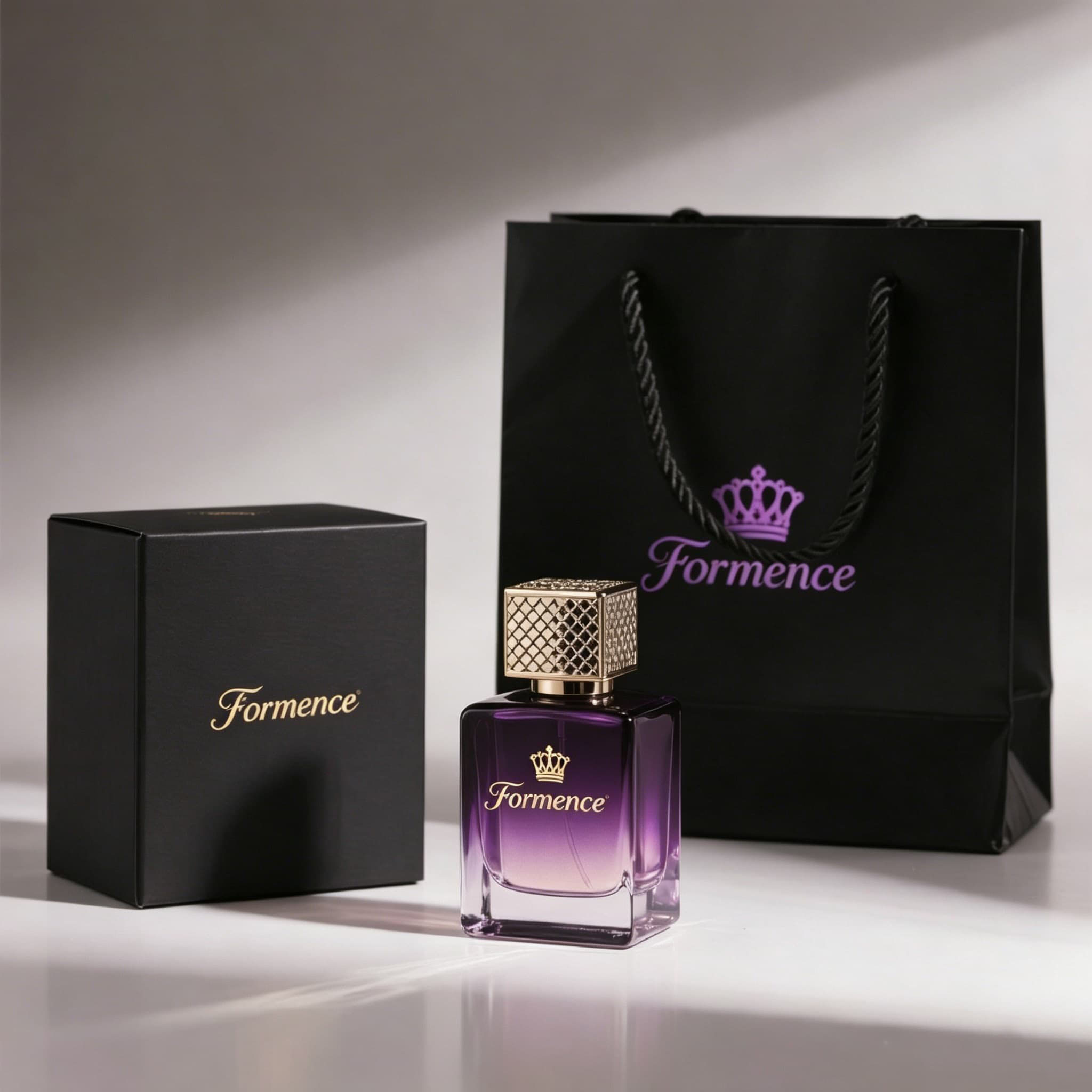 Individuell gestaltete, moderne Boxverpackung für Parfümflakons aus Braunglas mit Sprühkopf (30 ml, 50 ml, 100 ml).