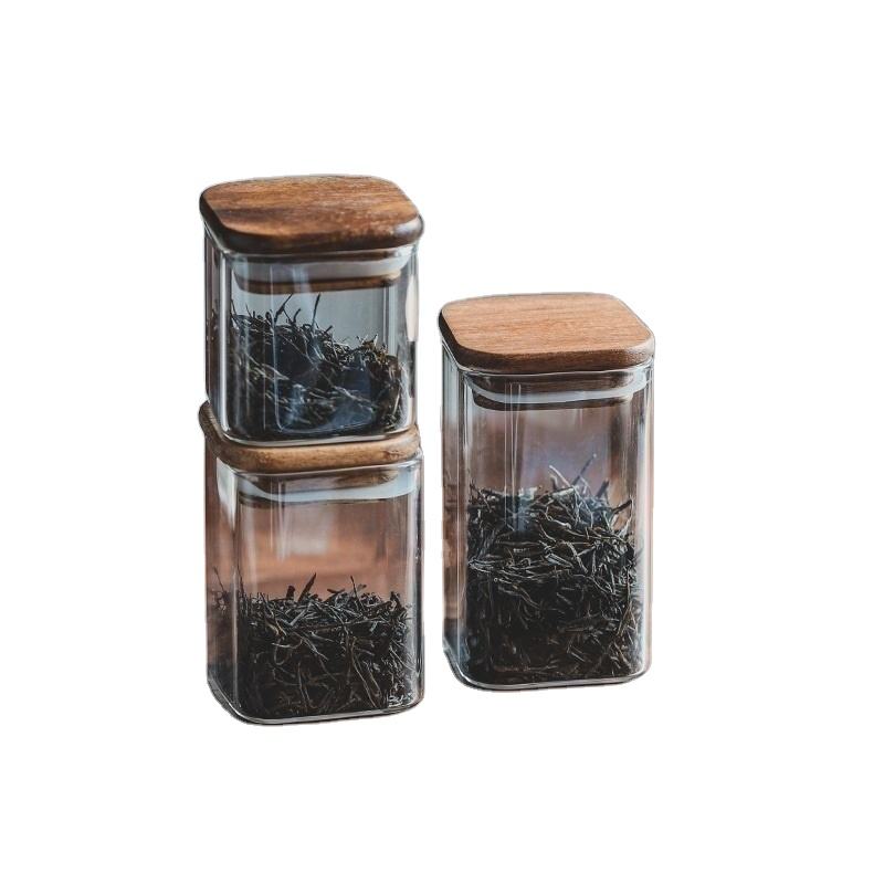 Airtight Square Glass Storage Jars With Wooden Lids