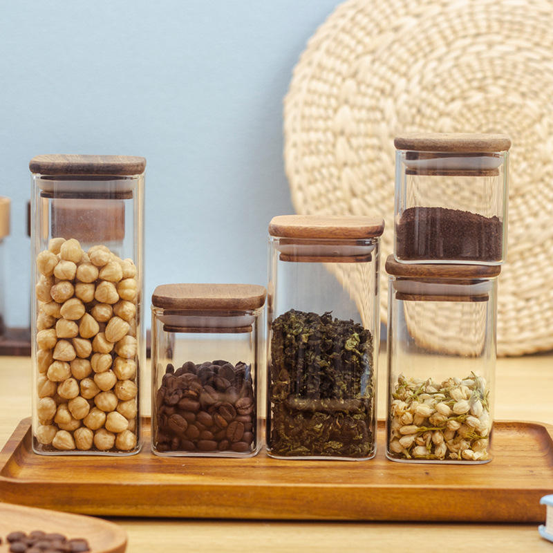 Airtight Square Glass Storage Jars With Wooden Lids