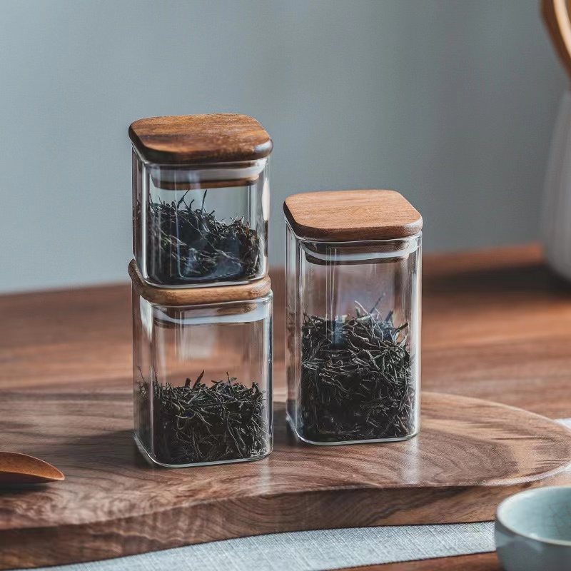Airtight Square Glass Storage Jars With Wooden Lids