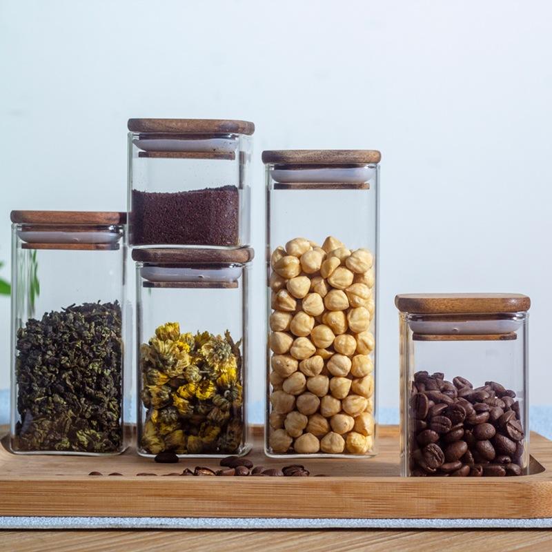 Airtight Square Glass Storage Jars With Wooden Lids