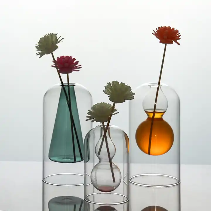 Art Coloered Double Wall Round Glass Bud Vases