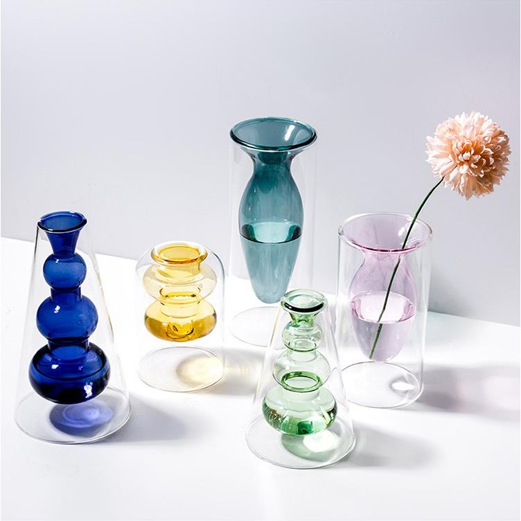 Art Coloered Double Wall Round Glass Bud Vases