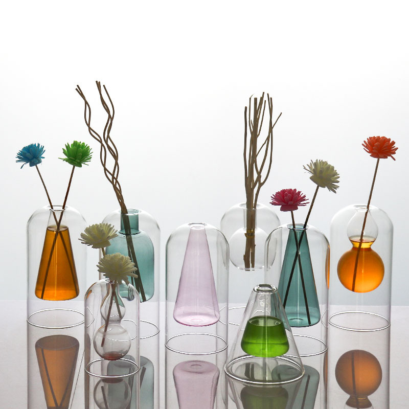 Art Coloered Double Wall Round Glass Bud Vases