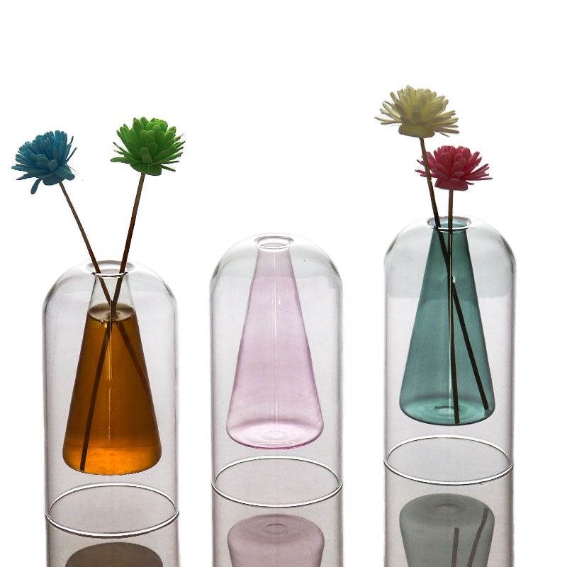 Art Coloered Double Wall Round Glass Bud Vases