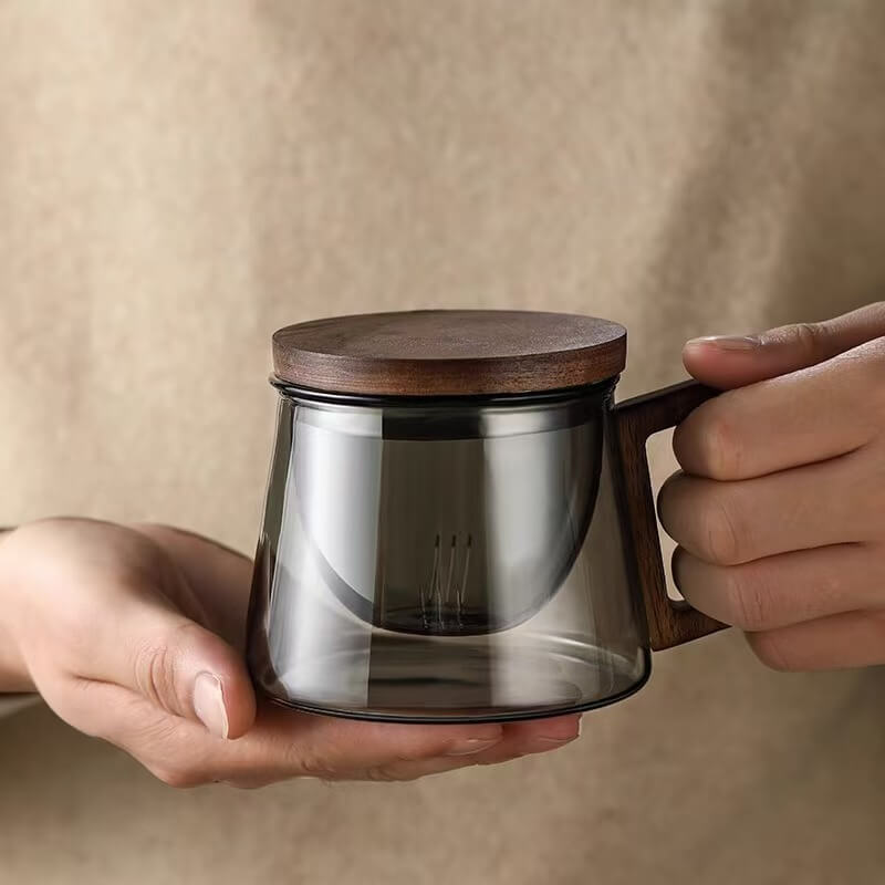 Heat Resisting Small Grey Glass Tea Kettle Teapot With Wooden Lid
