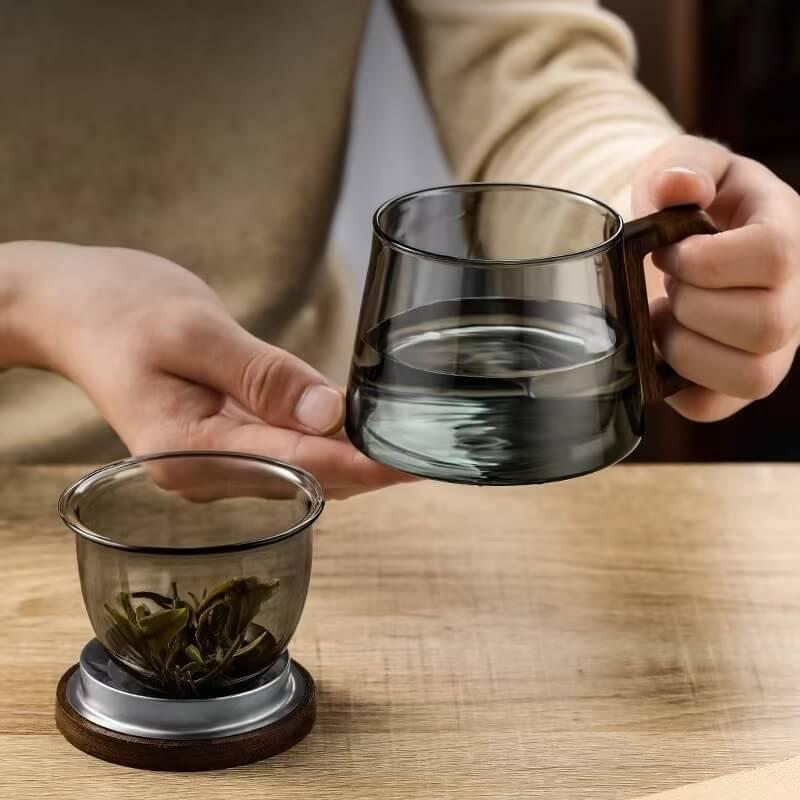 Heat Resisting Small Grey Glass Tea Kettle Teapot With Wooden Lid