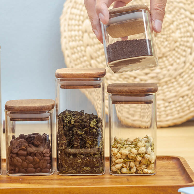 Airtight Square Glass Storage Jars With Wooden Lids