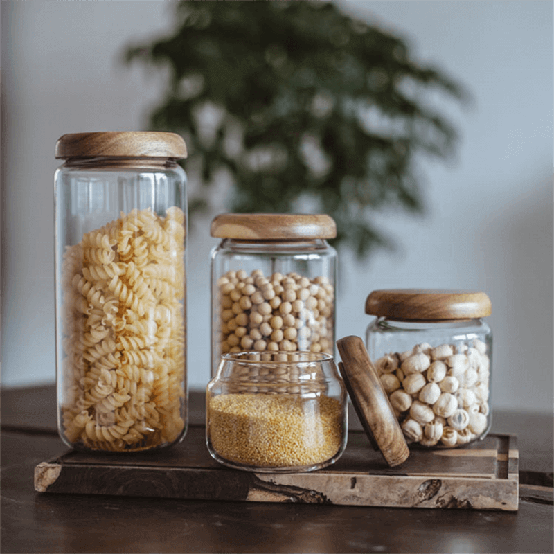 Glass Kitchen Storage Jars With Wooden Silicone Lids