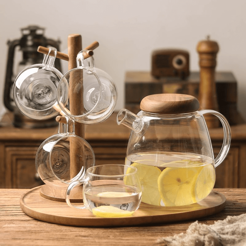 Large Glass Tea Pitcher With Topiced Wooden Lid