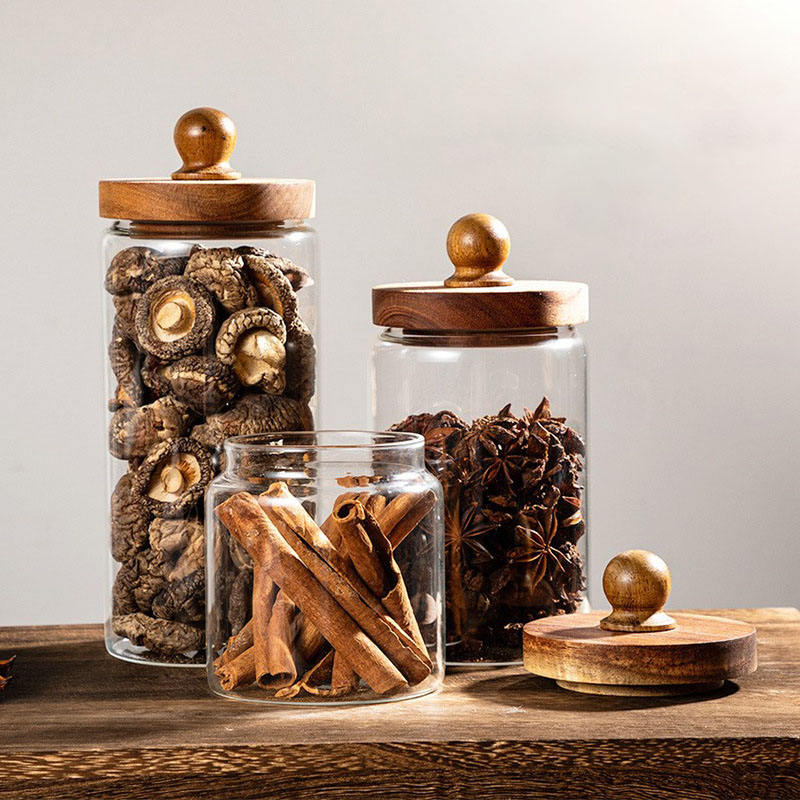 Borosilicate Airtight Clear Glass Jar With Wooden Acacia Lid For Storage