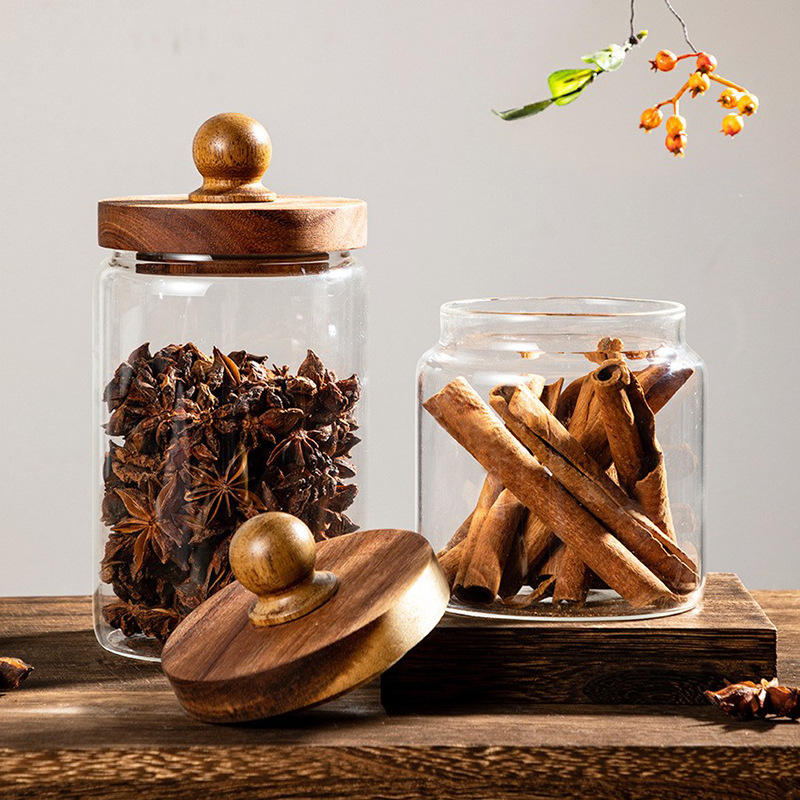 Borosilicate Airtight Clear Glass Jar With Wooden Acacia Lid For Storage