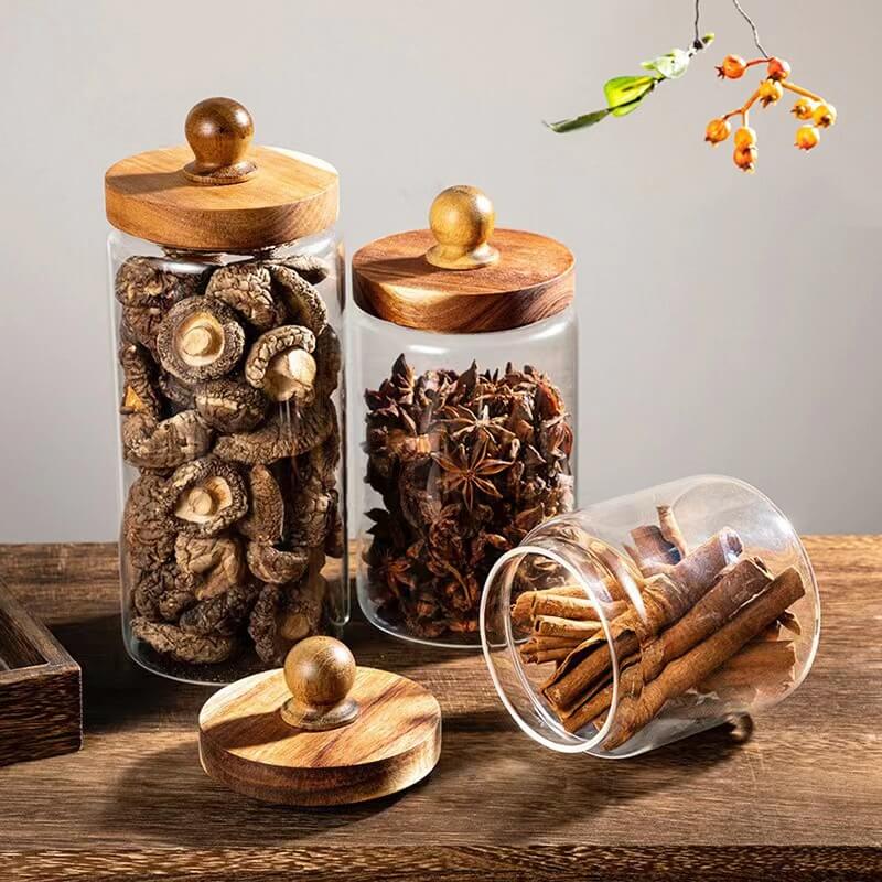 Borosilicate Airtight Clear Glass Jar With Wooden Acacia Lid For Storage