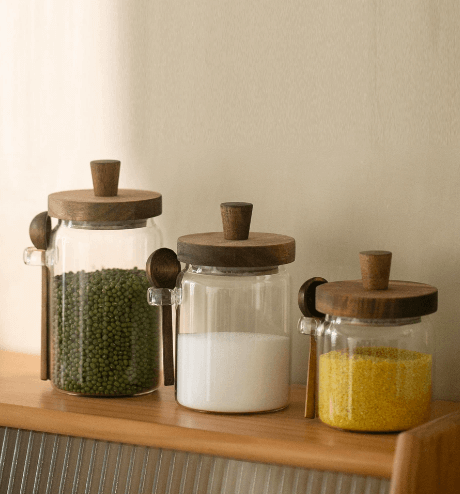 Clear Glass Storage Jars With Wooden Lid And Spoon