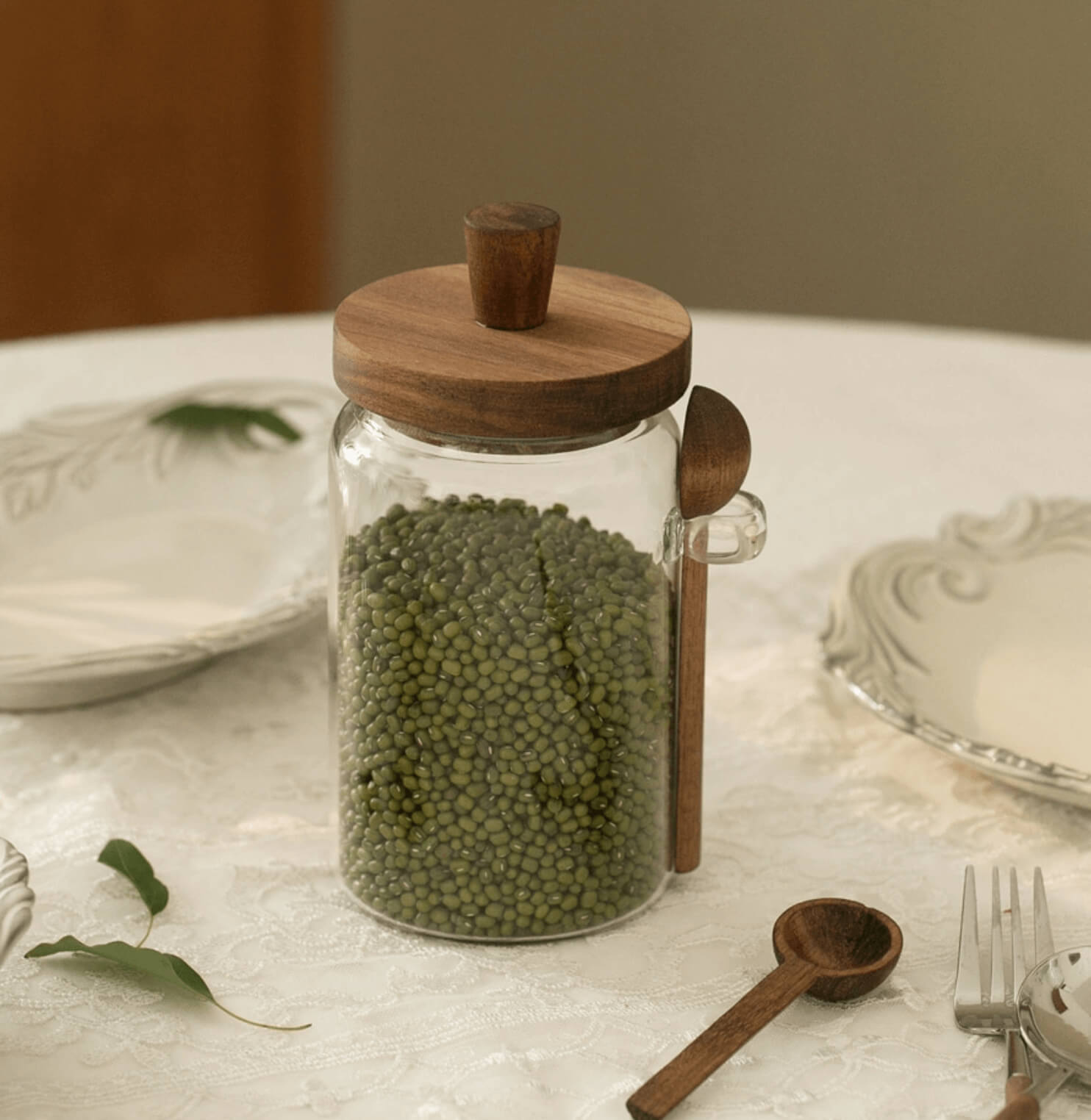 Clear Glass Storage Jars With Wooden Lid And Spoon