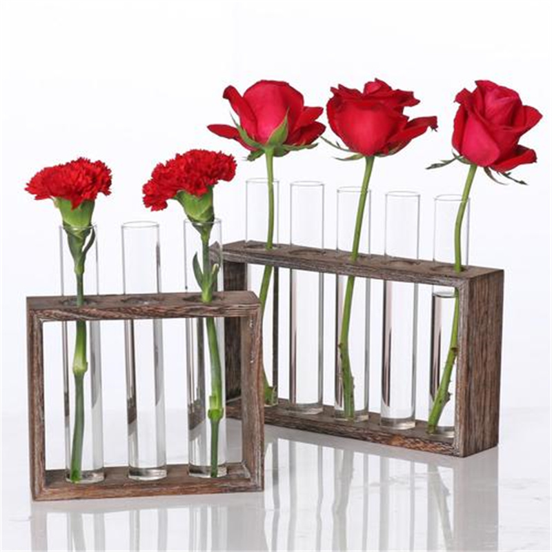 Tall Clear Tube Glass Vase Set With Wood Stand