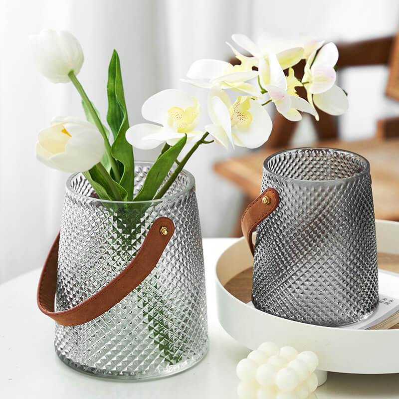 Gray Home Decor Glass Hanging Round Vase With Handle