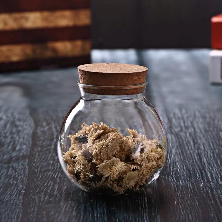 Round Ball Design Clear Glass Storage Container With Cork Lid