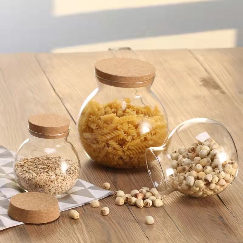 Round Ball Design Clear Glass Storage Container With Cork Lid
