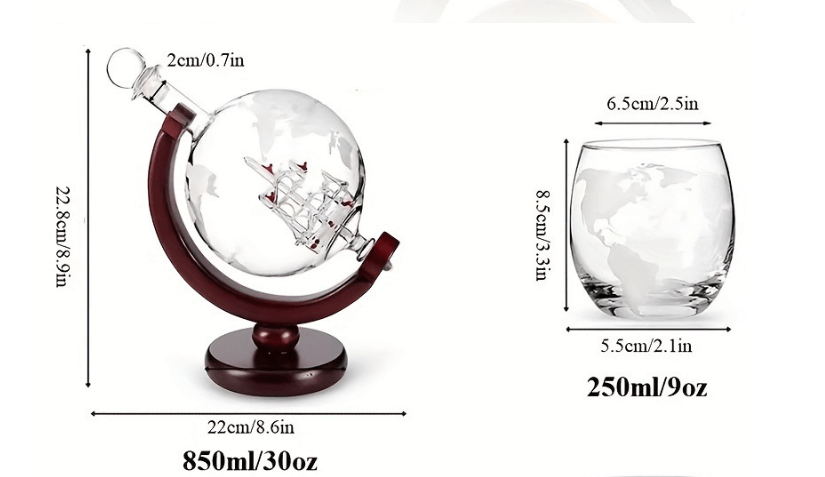 Clear Modern Glass Pirate Ship Whiskey Decanter Set With Wine Glasses And Wood Base