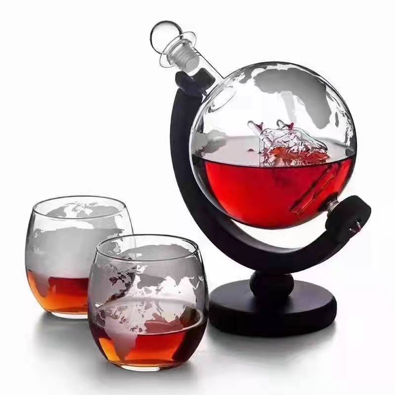 Clear Modern Glass Pirate Ship Whiskey Decanter Set With Wine Glasses And Wood Base