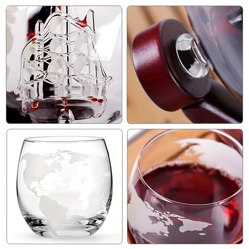 Clear Modern Glass Pirate Ship Whiskey Decanter Set With Wine Glasses And Wood Base