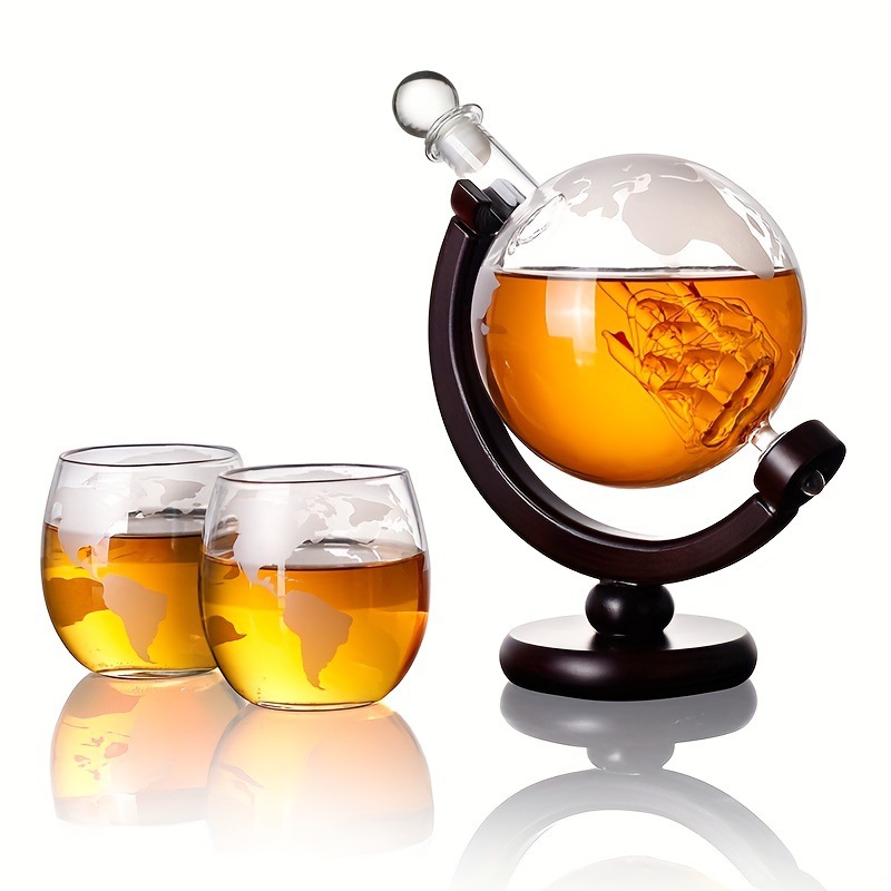Clear Modern Glass Pirate Ship Whiskey Decanter Set With Wine Glasses And Wood Base