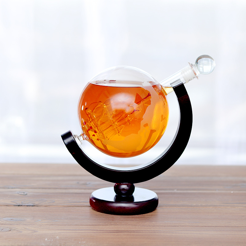Clear Modern Glass Pirate Ship Whiskey Decanter Set With Wine Glasses And Wood Base