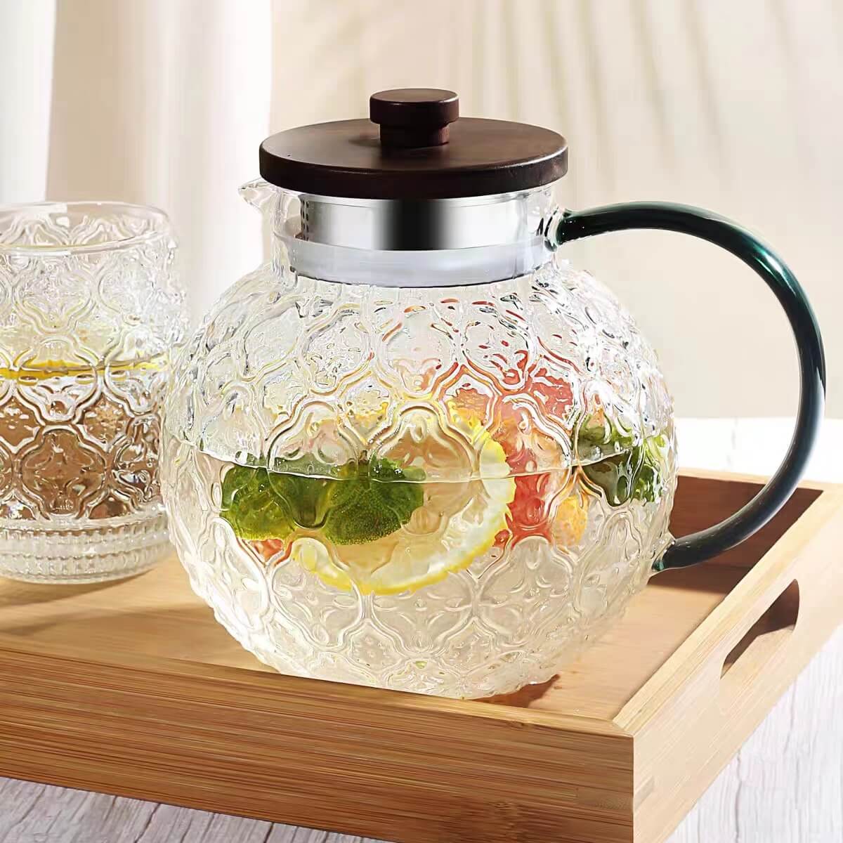 Round Glass Water Serving Pitcher With Handle