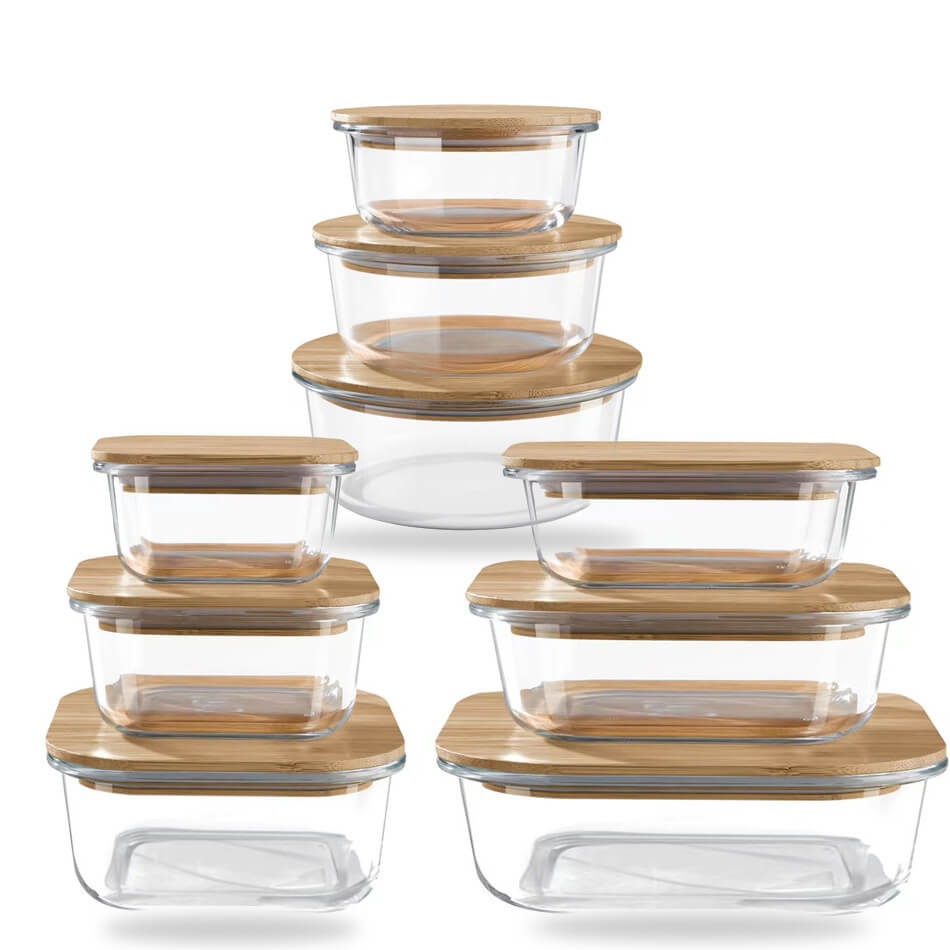 Food Container Storage Eco-friendly Glass Lock Wooden Glass Food Storage Set/Airtight Food Glass Container With Bamboo Lid