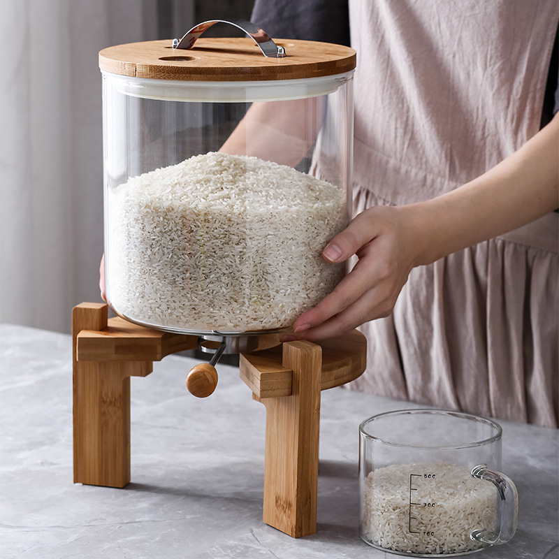 5L 8L Airtight Automatic Glass Rice container Dispenser Glass Storage jar with Bamboo Lid For Kitchen Pantry