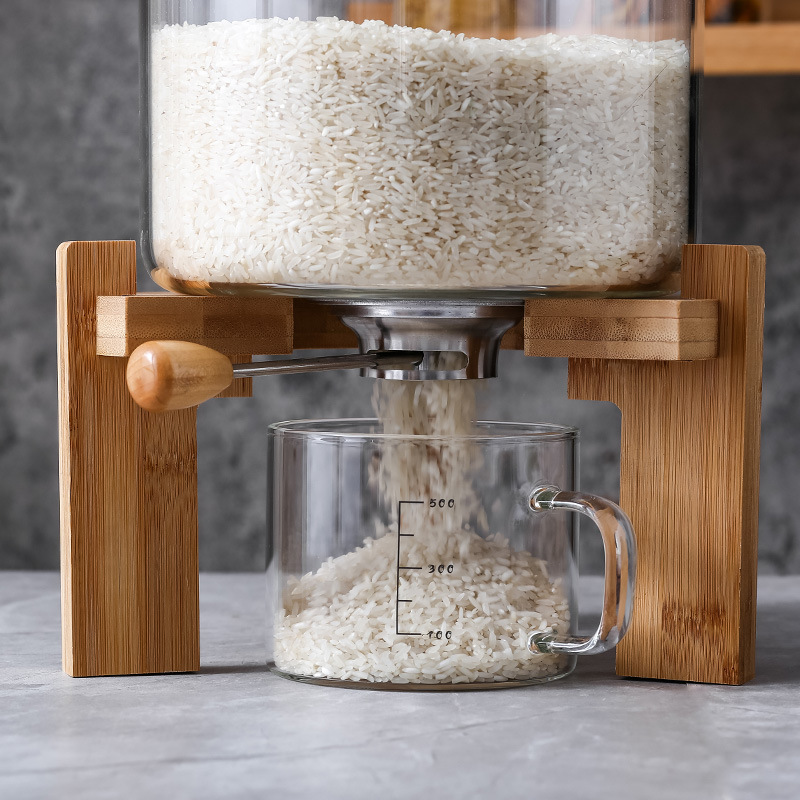 5L 8L Airtight Automatic Glass Rice container Dispenser Glass Storage jar with Bamboo Lid For Kitchen Pantry