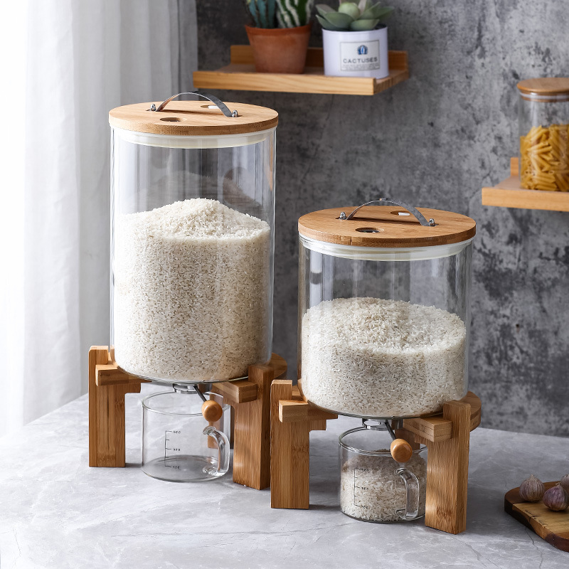 5L 8L Airtight Automatic Glass Rice container Dispenser Glass Storage jar with Bamboo Lid For Kitchen Pantry