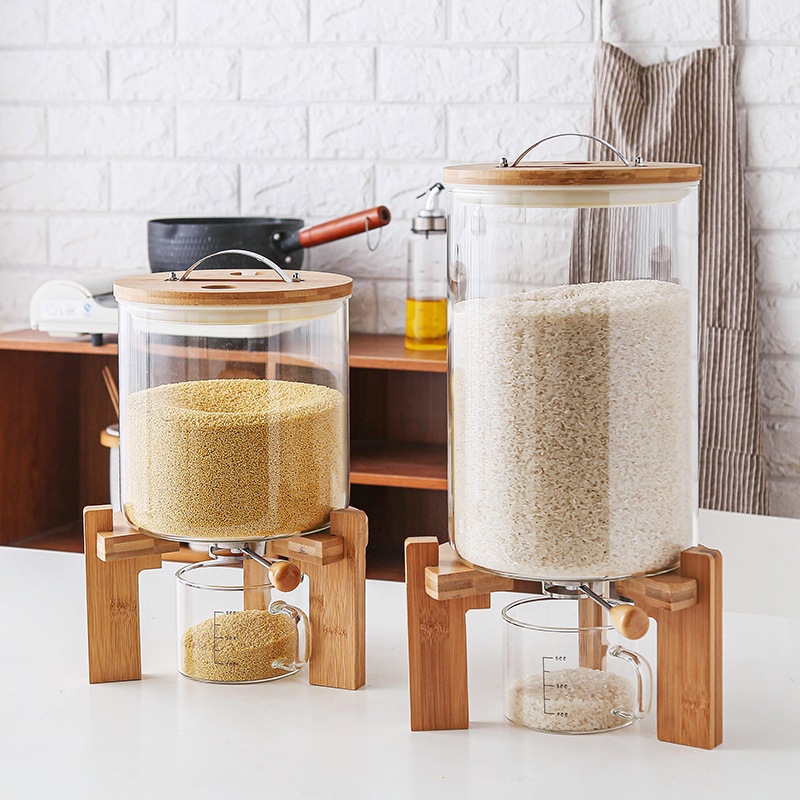 5L 8L Airtight Automatic Glass Rice container Dispenser Glass Storage jar with Bamboo Lid For Kitchen Pantry