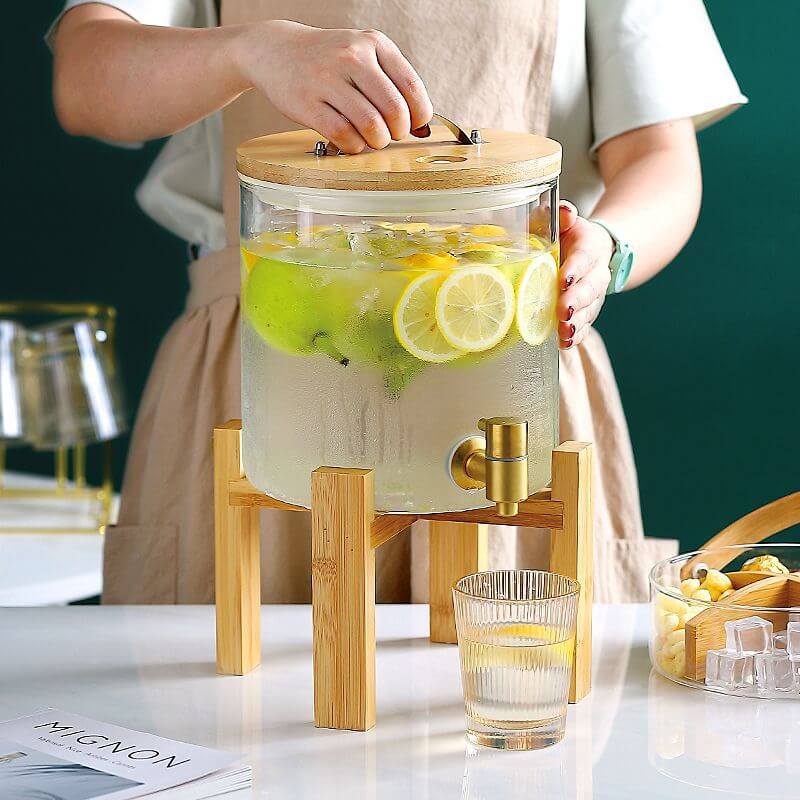 Beverage Dispenser Drink Dispensers Glass with Stainless Steel Spigot and Wood Stand Elegant 5 L 8 L 11 L