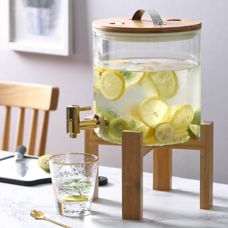 Beverage Dispenser Drink Dispensers Glass with Stainless Steel Spigot and Wood Stand Elegant 5 L 8 L 11 L