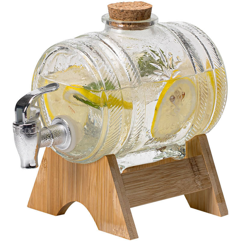 Beer pourer barrel wine dispenser container with tap and wooden stand glass bottle Glass beverage dispenser for Home kitchen