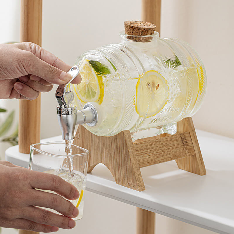Beer pourer barrel wine dispenser container with tap and wooden stand glass bottle Glass beverage dispenser for Home kitchen