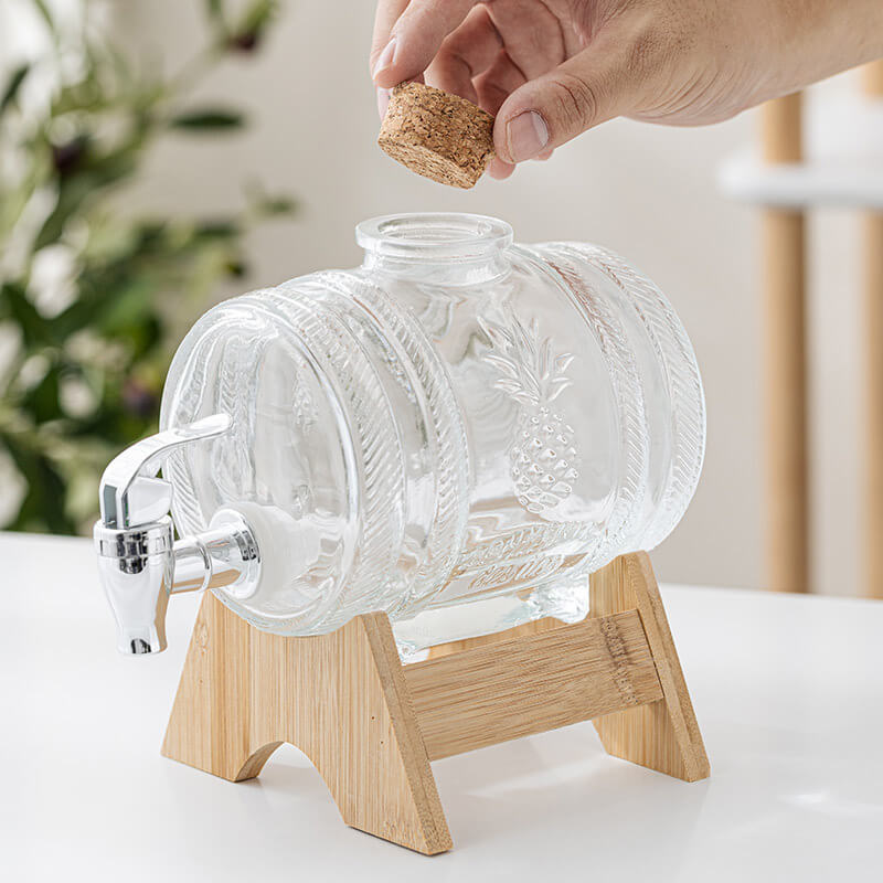 Beer pourer barrel wine dispenser container with tap and wooden stand glass bottle Glass beverage dispenser for Home kitchen