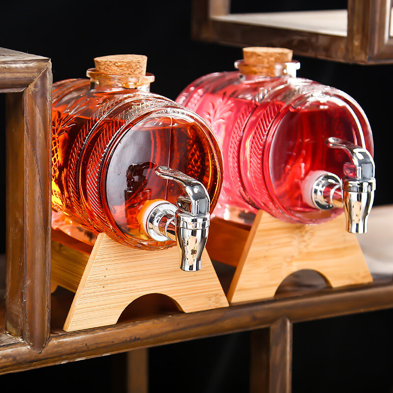 Beer pourer barrel wine dispenser container with tap and wooden stand glass bottle Glass beverage dispenser for Home kitchen