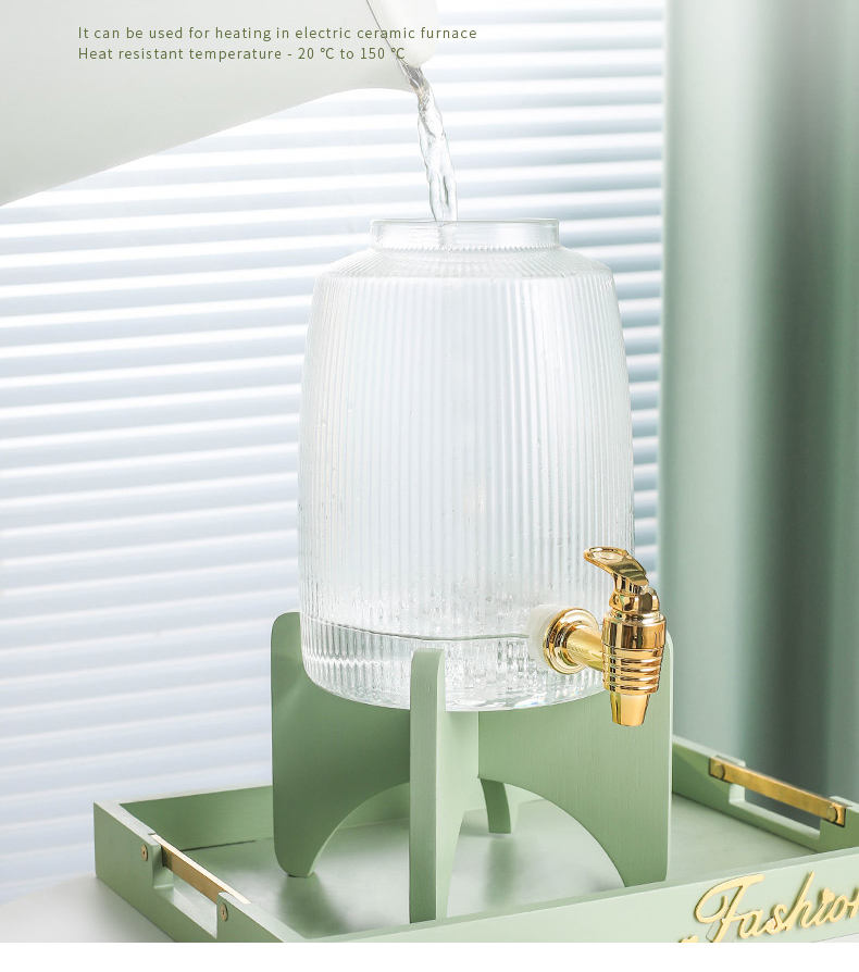 Hot Sale Handmade Borosilicate Glass Drink Dispenser Set with Cooper Spigots and Wooden Tap Cups Sets