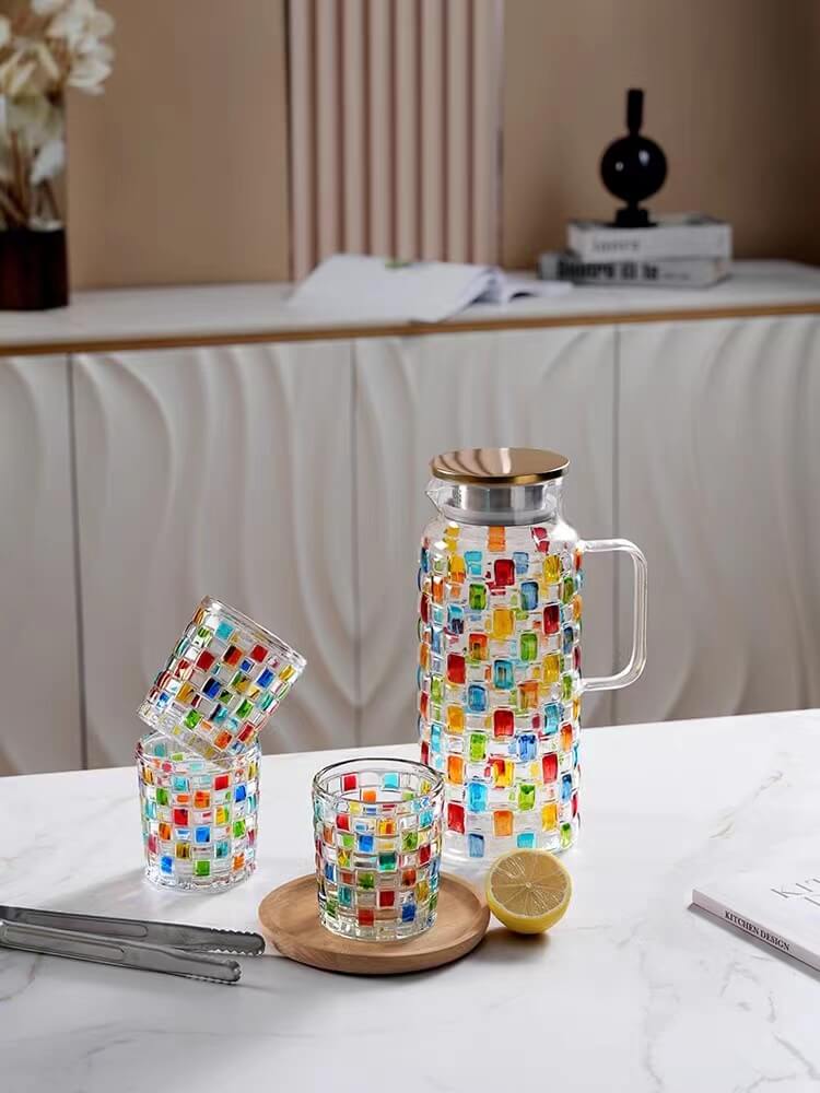 Colored Glass Water Tap Pitcher With Lid