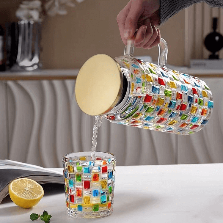 Colored Glass Water Tap Pitcher With Lid