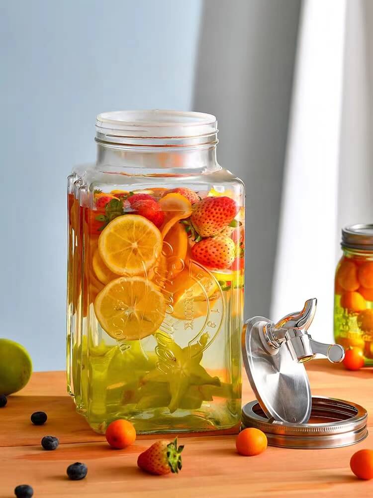 Food Family Party Used glass beverage dispenser with metal stand squate for cold water juice lemonade