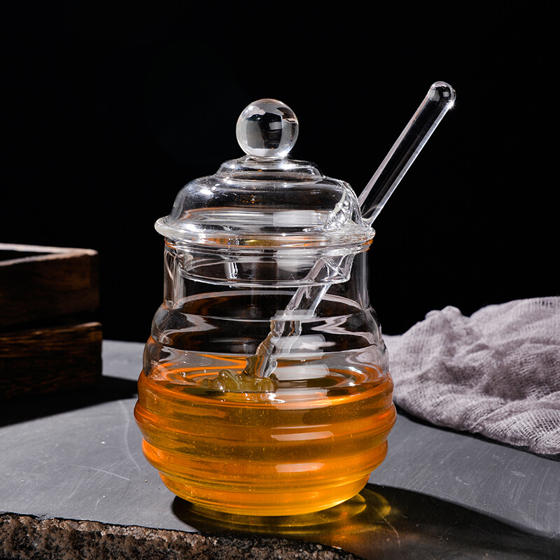 Clear Borosilicate Glass Honey Jar With Glass Honey Stick