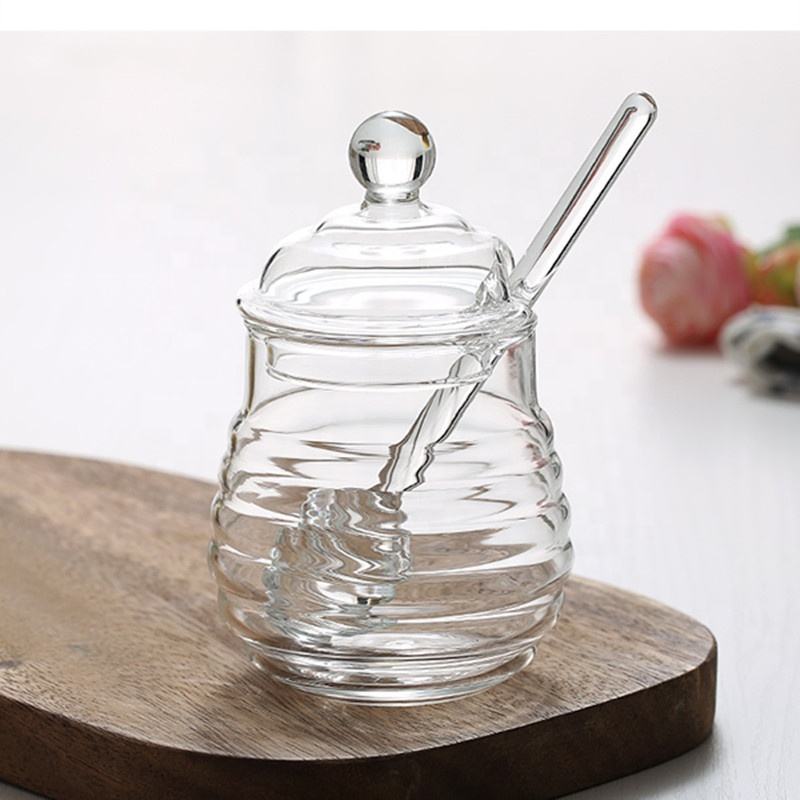 Clear Borosilicate Glass Honey Jar With Glass Honey Stick