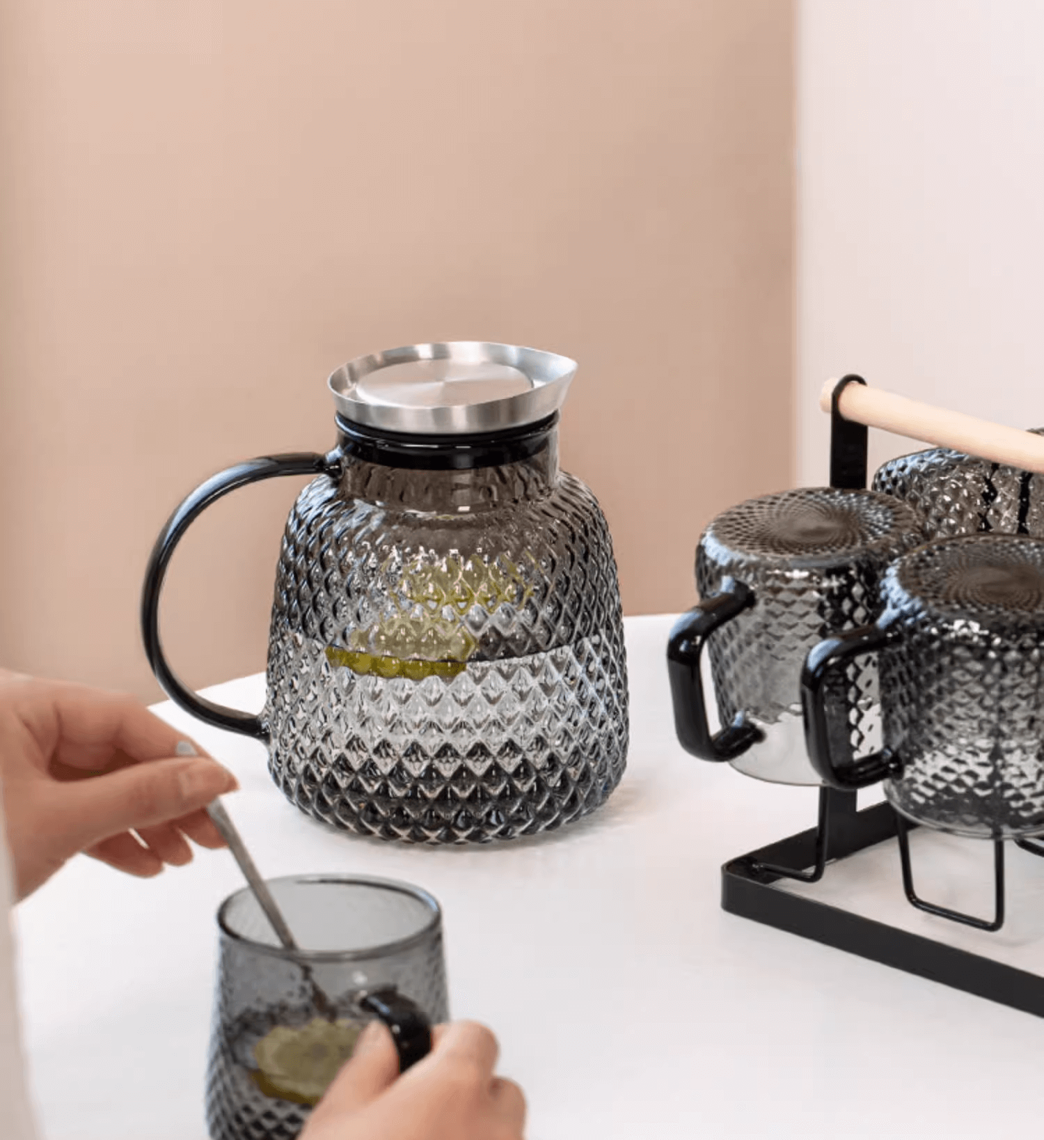black glass water pitcher